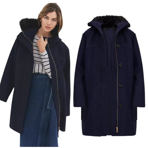 Ann Taylor Weekend Collection Faux Fur Trim Wool Duffle Coat Blue Size M - Picture 2 of 12